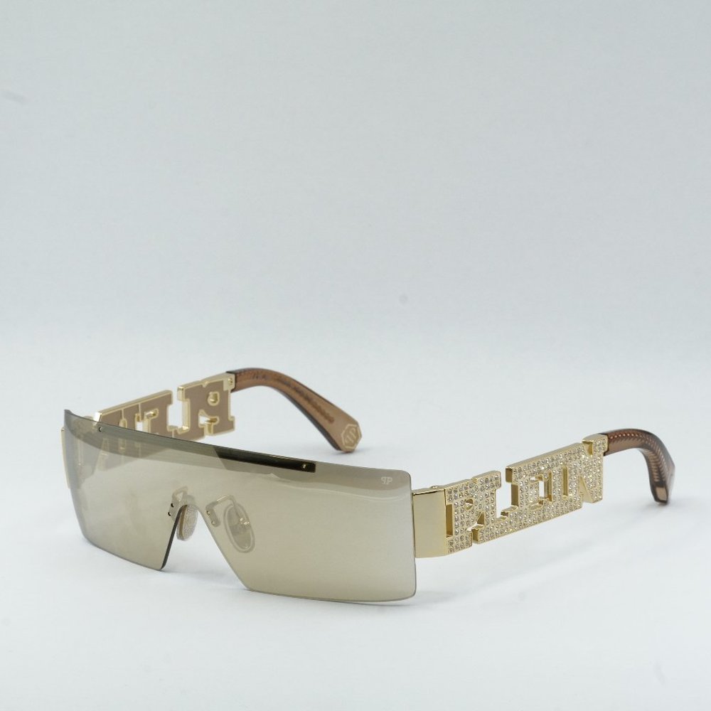 Gold Shield Rimless Sunglasses with Embellished Temples